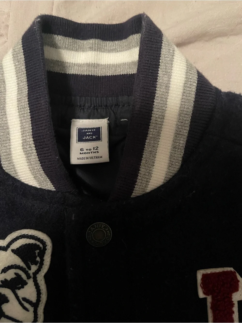 Janie and Jack Navy and Brown Letterman Varsity Jacket with Red Patch Toddler